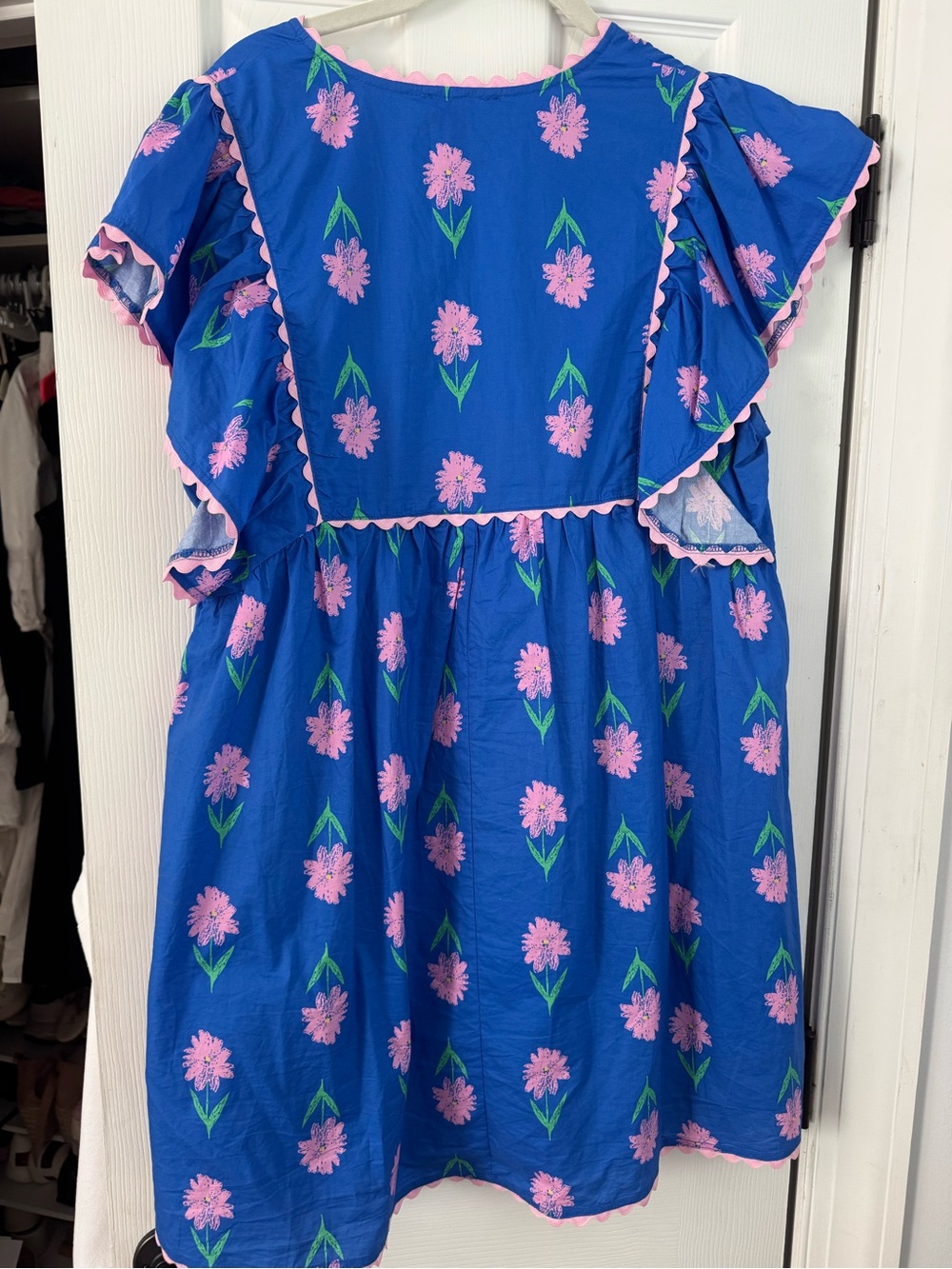entro Bright Blue Mini Dress with Pink Floral and Trim - Picture 2 of 3